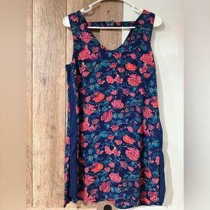 Navy Floral Sleeveless Shift Dress with Pink & Coral Blooms